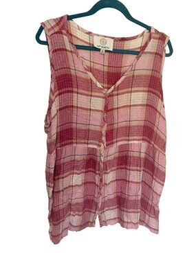 44 Degrees North Tank Top Pink Plaid Button Front Empire Waist SZ XL